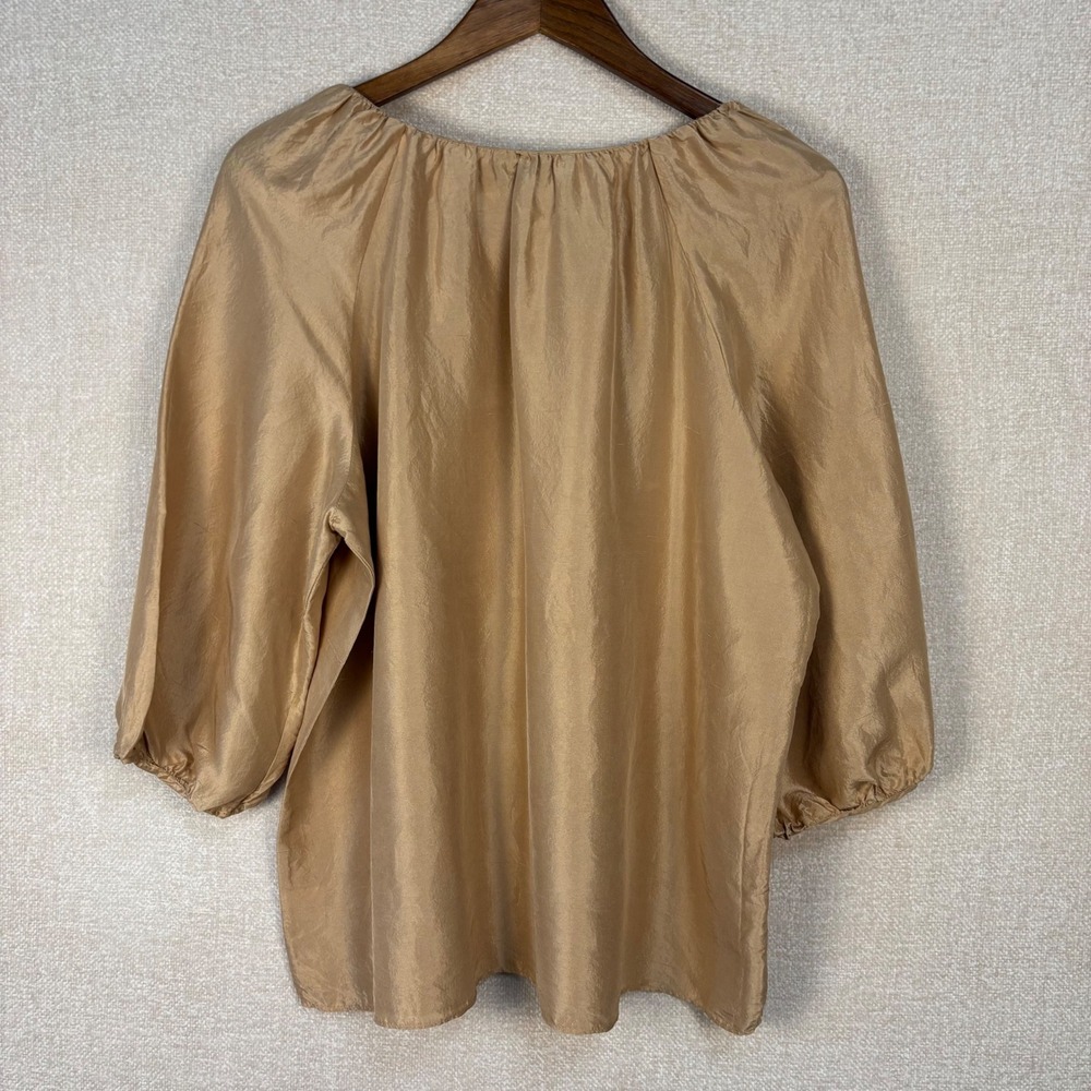 Talbots Petites XL Petite 100% Silk Blouse Tan Gold Puff Sleeve Scoop Neck Top - Picture 5 of 8